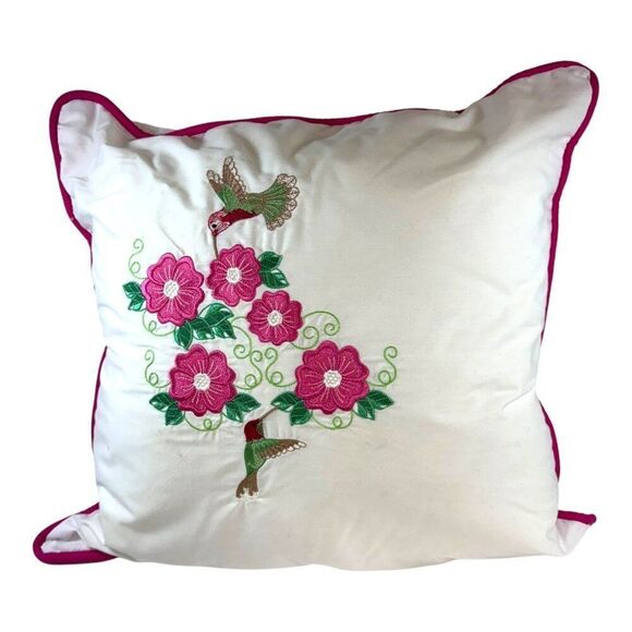 Hummingbird Vintage Square Embroidered Throw Pillow Cottage Hummingbirds Flowers - Picture 1 of 5